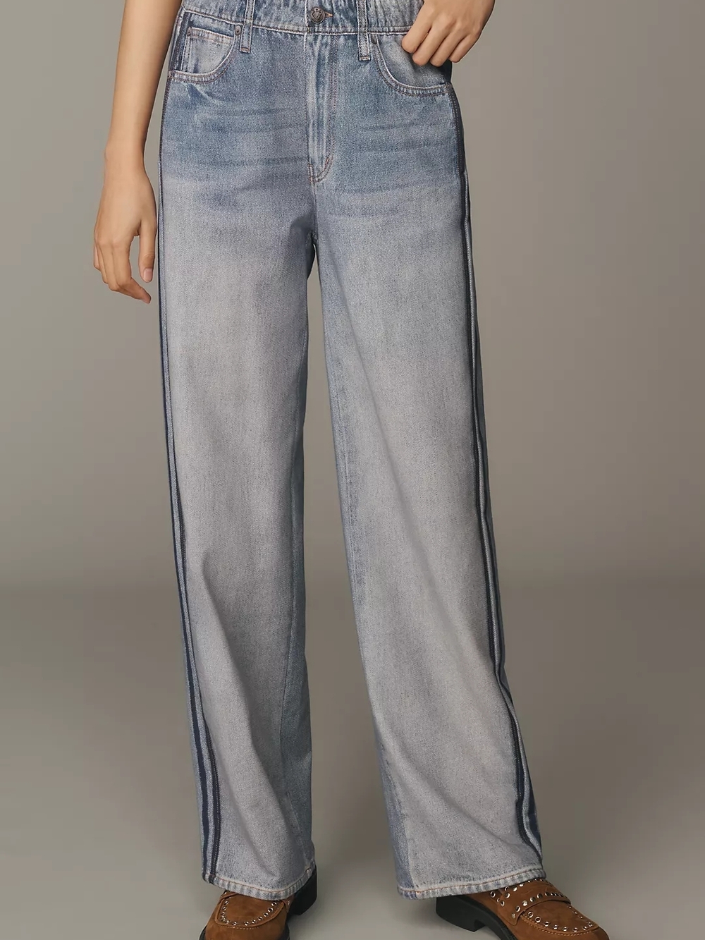 Light Blue Wide-Leg Jeans with Dark Side Stripe - Women - Picture 5 of 8